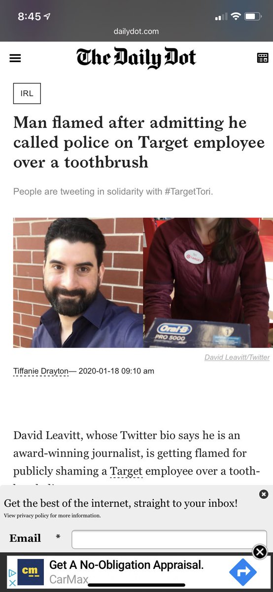 maiarice's tweet photo. Love life level: UGHHHHHH. That d-bag that went viral for calling the police on a Target employee over a toothbrush is on OKC and the app says we’re a 97% match. Yeaaah nooooooo. I stand with #TargetTori https://t.co/pWw7AsKuSD