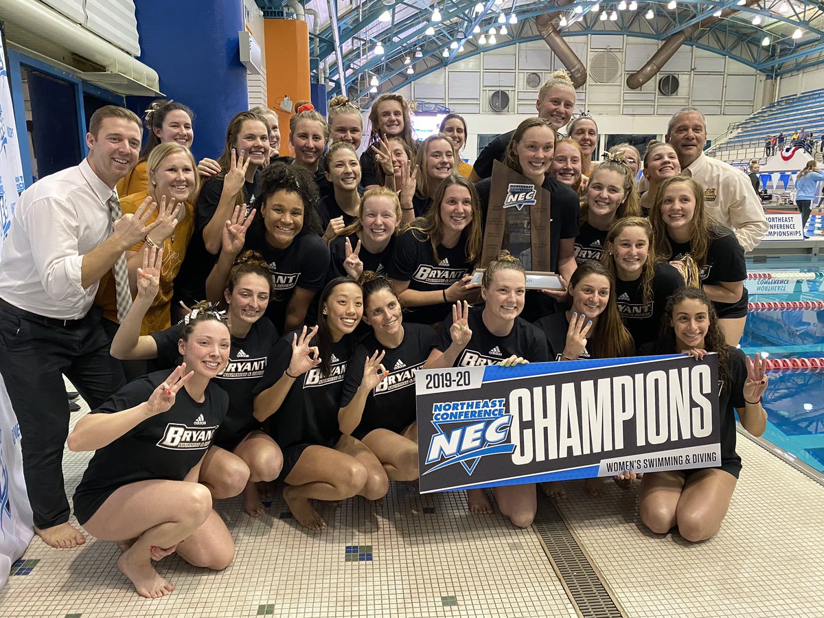 necswimdive's tweet photo. COMPLETING THE THREE-PEAT, the Bryant Bulldogs are your 2020 NEC Swimming and Diving Champions! 🏆 https://t.co/2X8wyrOKpd