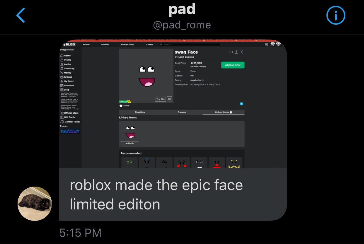 News Roblox On Twitter The Epic Face Is Now A Limited Item On Roblox - epic face swag roblox