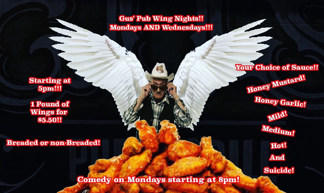 Gus' Pub (@guspub) on Twitter photo In addition to our new menu we will be having wing nights on Mondays and Wednesday’s! 1 pound of wings for $5.50 starting at 5pm! Also on Mondays we have Mega Comedy Mondays starting at 8pm! Laughs and wings together at last! #Halifax #halifaxns <a href="/halifaxnoise/">halifaxnoise</a> #wingnight #hfx In addition to our new menu we will be having wing nights on Mondays and Wednesday’s! 1 pound of wings for $5.50 starting at 5pm! Also on Mondays we have Mega Comedy Mondays starting at 8pm! Laughs and wings together at last! #Halifax #halifaxns <a href="/halifaxnoise/">halifaxnoise</a> #wingnight #hfx