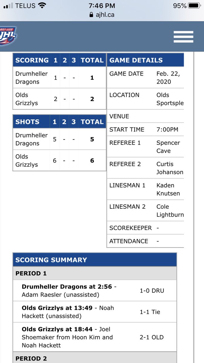 van_galen's tweet image. 2-1 @GrizzlysAJHL up on Drumheller Dragons after 1 on @965CKFM. Hackett nets his 17th of his rookie season. Shoemaker scores from the blueline for the 2nd straight night. #AJHL #PlayoffPreview