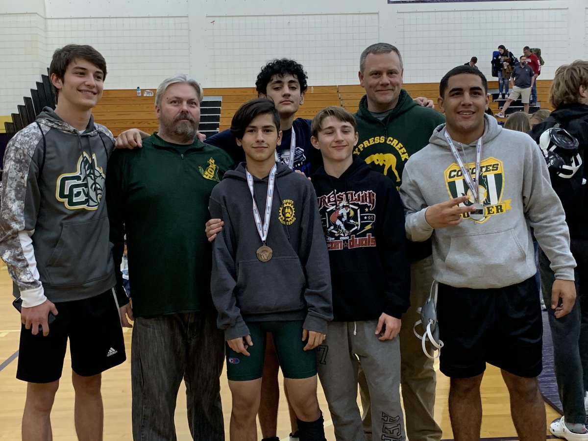 Cypress Creek Wrestlers had an outstanding performance  at their District meet. Three of Coach Stout’s wrestlers qualify for regionals. Jonathan  Cardona(160) and James Ruiz(112) placed third. Jovanni Addison(195) is our district runner up. Way to guys! Good luck. <a href="/TheCoyoteWay/">CypressCreek</a>