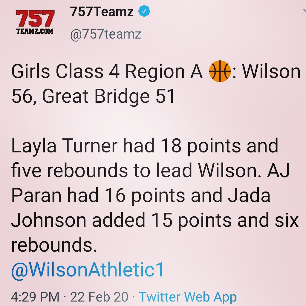 LydiaTurner72's tweet photo. Congratulations Lady Presidents!!!!
Layla Turner led the team with 18 points and 5 Rebounds today 🏀💪
#WilsonLadyPresidentsBasketball #Basketballmomlife #TeamTurner #LeavingItOnTheCourt #HardWorkNoExcuses https://t.co/Knb6EEoRyd
