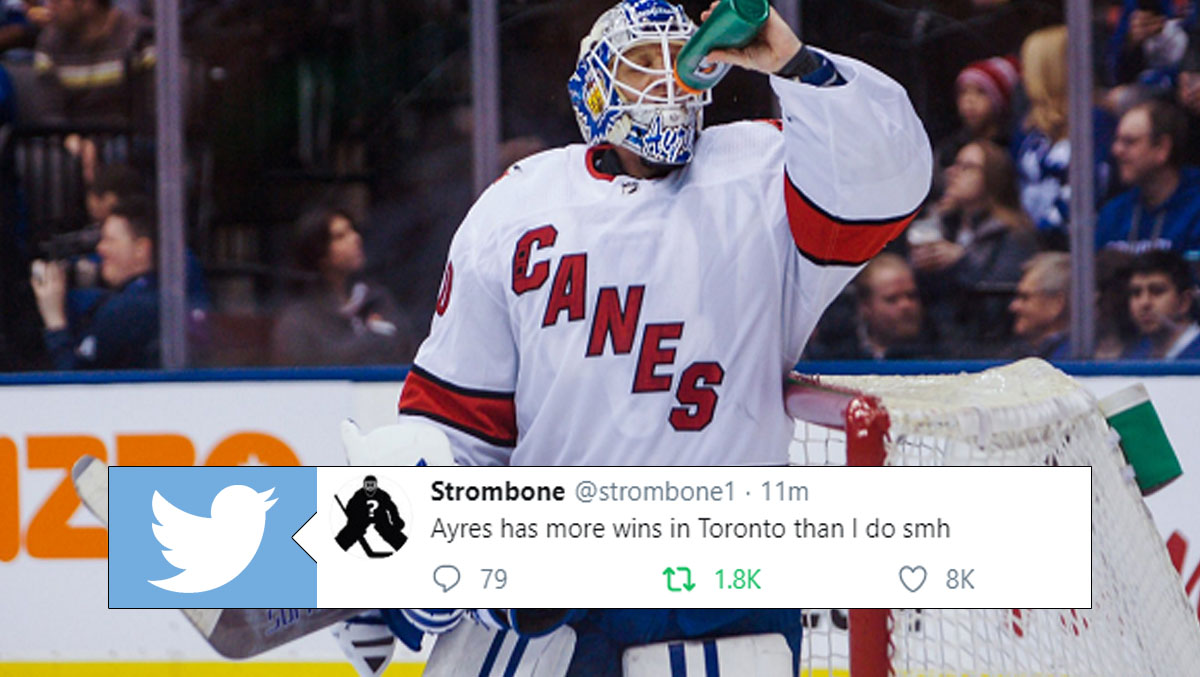 BarDown's tweet photo. Zamboni driver and @Canes emergency goaltender David Ayres just beat the Leafs and fans are LOSING IT. 🤯 REACTIONS @ 
 https://t.co/XQKutU7FnO https://t.co/Bnu2goWIox