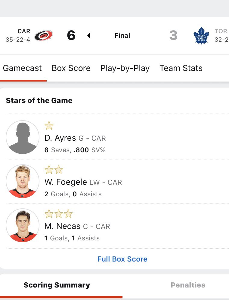 GeoffreyPears's tweet image. 42-year-old, emergency goalie/zamboni driver Ayres was named first star of the game. Inspiring a nation. #Canes #NHL