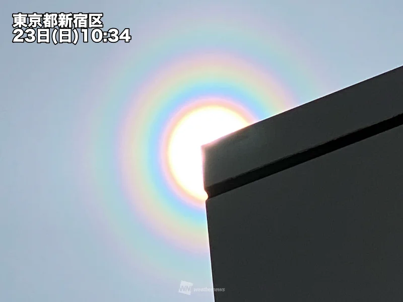 太陽の虹色のきれいなバックを見たら花粉症の人は要注意それは「花粉光環」