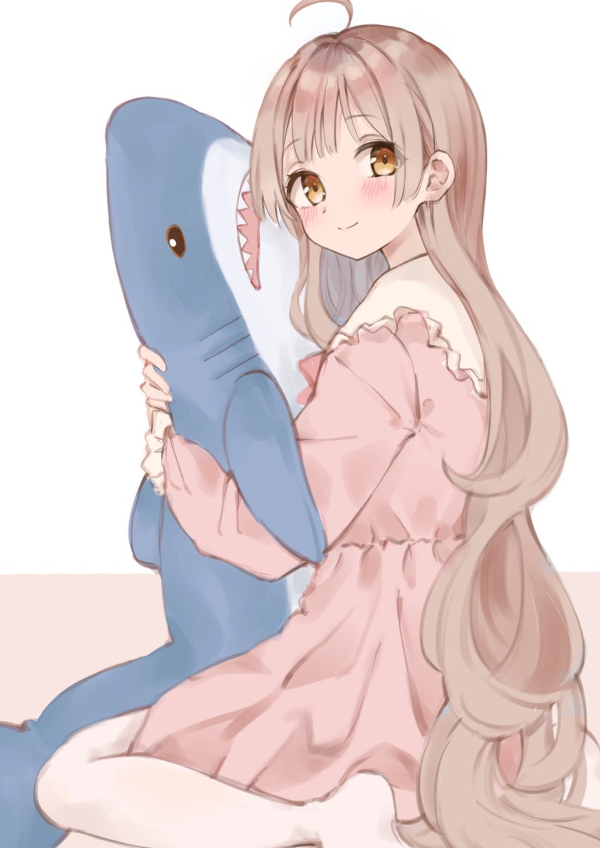 1girl stuffed toy stuffed shark long hair solo stuffed animal ahoge  illustration images