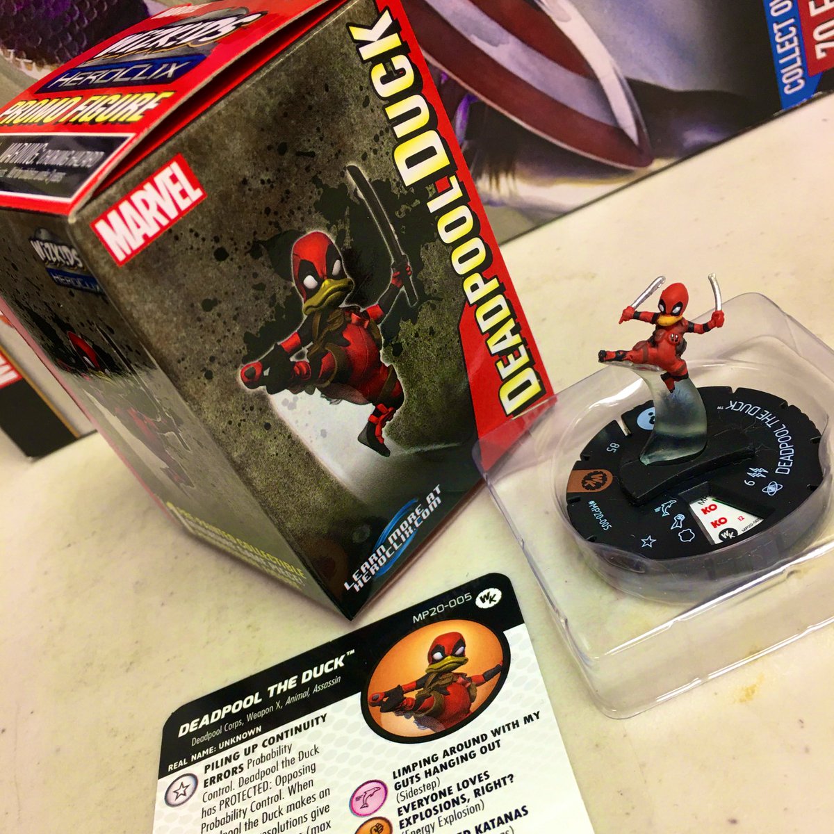 BricksNClix's tweet photo. Went to a #HeroClix #WizKidsOpen at my local game shop today—a Sealed tournament using the new #CaptainAmericaAndTheAvengers set. Pulled chase #GhostRider #RobbieReyes and ended up winning the whole thing, for an exclusive #Deadpool Duck LE (#DeadpoolTheDuck? #Duckpool?). Woo! 😄 https://t.co/HZEA4HQrCk