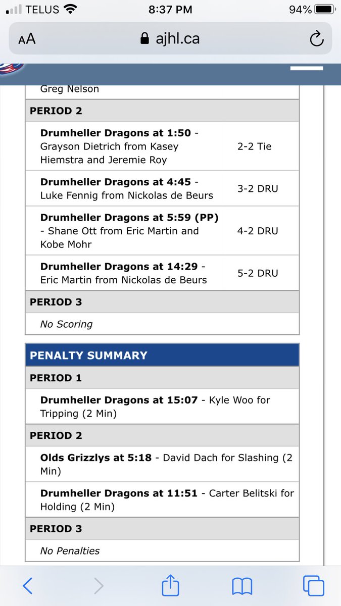 van_galen's tweet image. All Dragons in period 2. Drumheller’s Eric Martin nets his 26th &amp;amp; adds an assist to get to 80 points, extends his point streak to 19 games. @GrizzlysAJHL down 5-2 at 2int on @965CKFM. #AJHL #PlayoffPreview