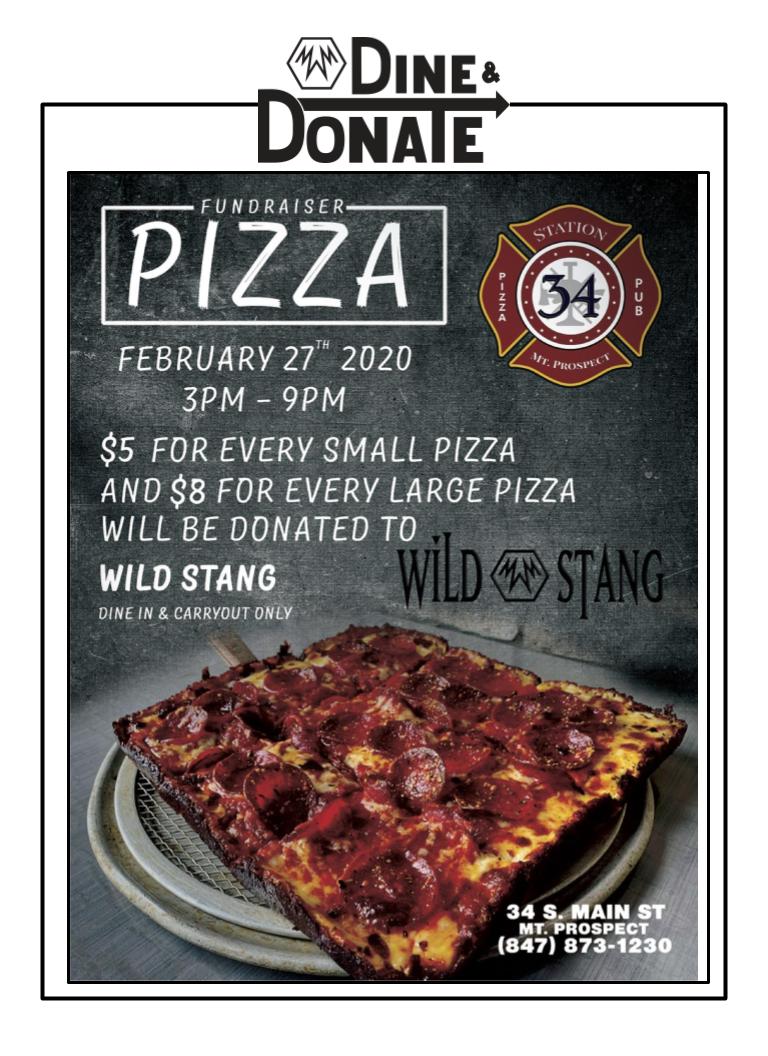 Help support WildStang at our Dine &amp; Donate event at  Station 34 (in downtown Mt. Prospect),  Thursday, February 27th, 3-9pm. For every pizza purchased, WIldStang earns $5 for every small pizza, $8 for every large! Help us reach our goal of $350!  wildstang.org/ws_wp/2020/02/…