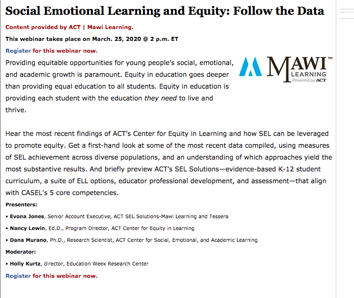 My school is really focusing on SEL this year. Check out this upcoming webinar from <a href="/mawilearning/">Mawi Learning</a> that focuses on social-emotional learning and equity. #ED505_91 edweek.org/ew/marketplace…