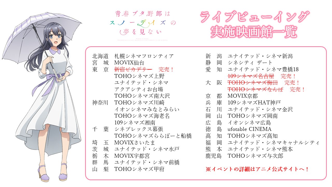 تويتر アニメ 青春ブタ野郎 シリーズ公式 على تويتر 本日開催 本日はいよいよ 青ブタ イベント 青春ブタ野郎はスノーデイズの夢を見ない 当日です 只今会場では物販をおこなっています さらに夜公演はライブビューイングも実施 皆さまのご来場お待ち