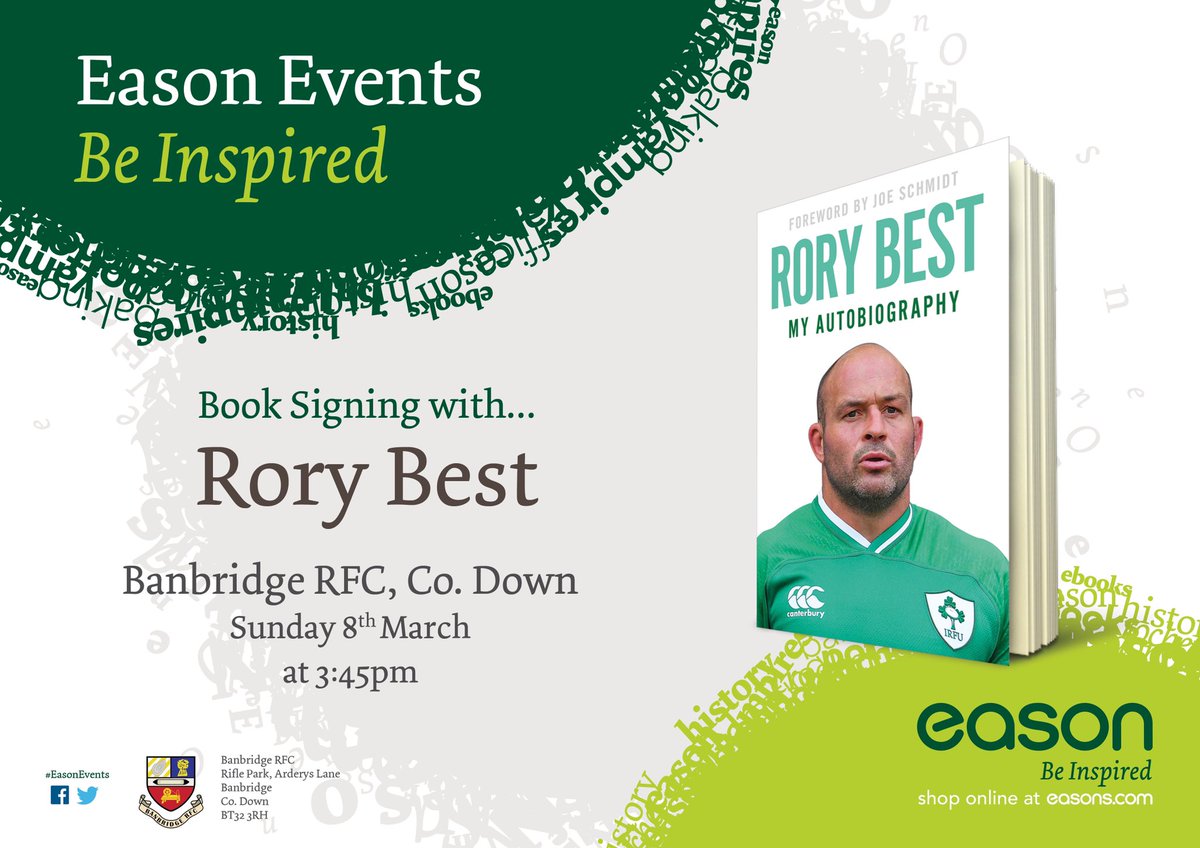 banbridgerugby's tweet photo. Get down to Rifle Park on Sunday 8th March @ 3.45pm to attend Rory Bests book signing. Itβs sure to be an exciting and inspiring read. #rorybest #autobiography #easonevents #banbridgerfc #greatread #banbridge https://t.co/LvpdmcHTyt