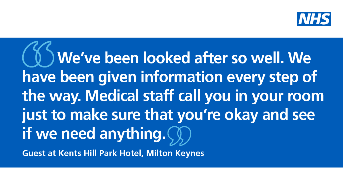 NHSEngland's tweet photo. Today, guests staying at the Kents Hill Park Hotel in Milton Keynes will leave the facility. Thanks to all NHS staff and partners, and colleagues at @PHE_uk who have worked to make their stay as comfortable as possible. Read the latest #coronavirus update. https://t.co/POUdDDu1vU https://t.co/IS1o5FWZKg