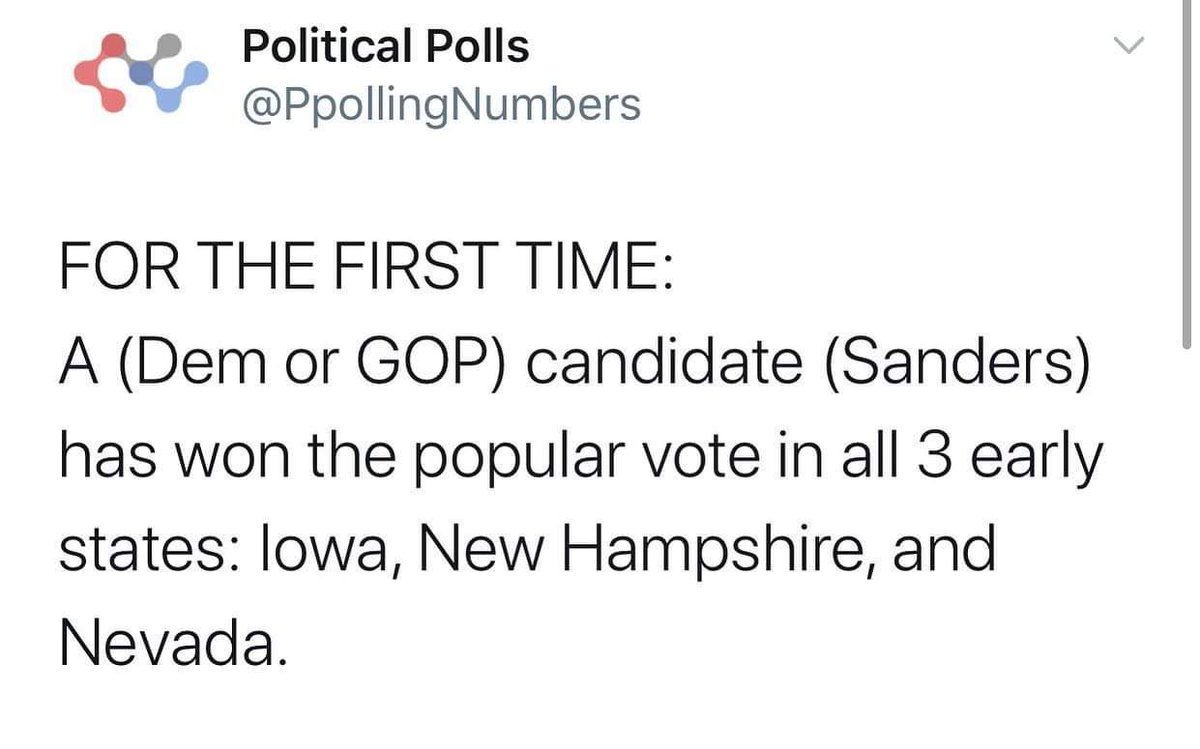 CharisaKyoSmith's tweet photo. Bernie Sanders just made history.  For the first time ever a candidate (Democrat or GOP) has won the popular vote in all 3 early states #NotMeUs #ThinkFarther https://t.co/Dyn3pBlOOH