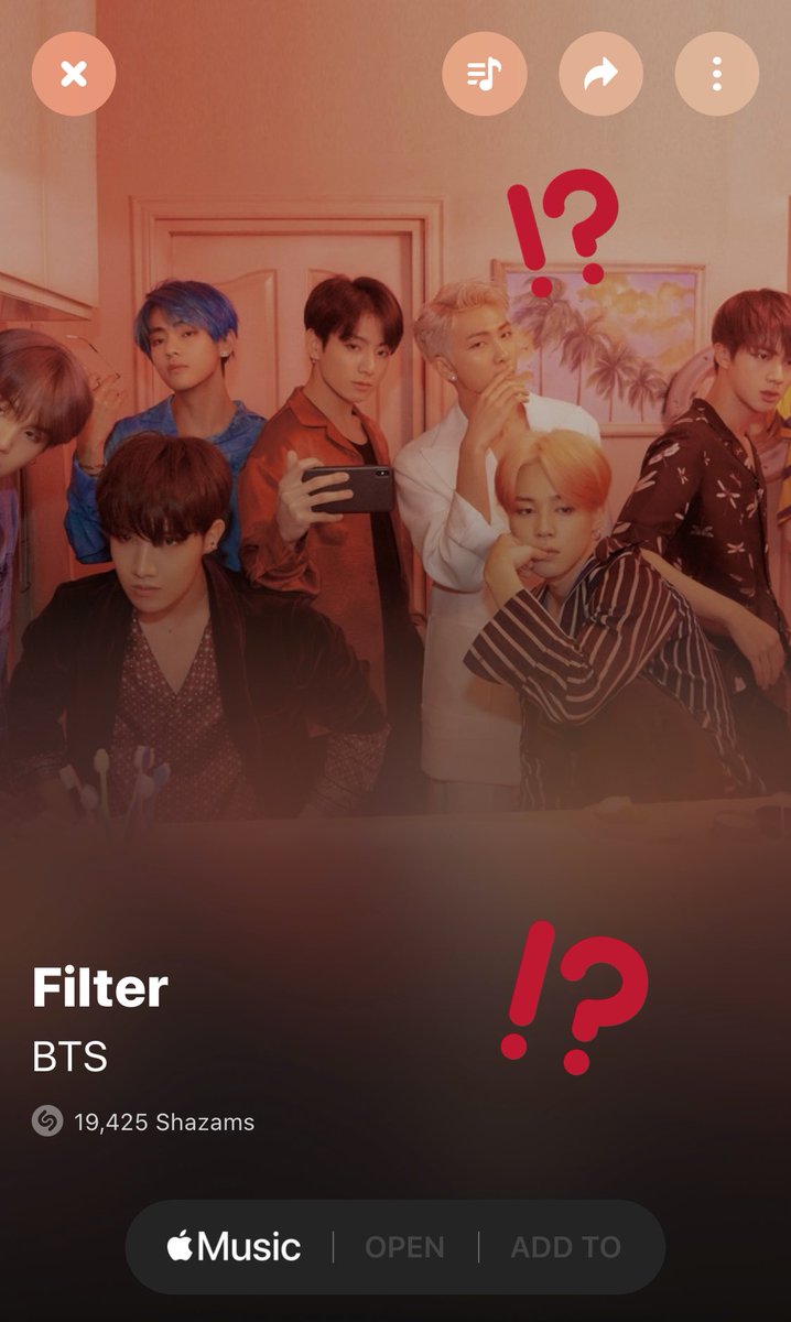 PJM_data's tweet photo. Hello @Shazam @AppleSupport @bts_bighit 
"Filter" by BTS from the Map of the Soul:7 album has no play option on its Shazam page. It is the only track in the album without this option. Please look into this matter urgently. https://t.co/J5N1R3jBS3