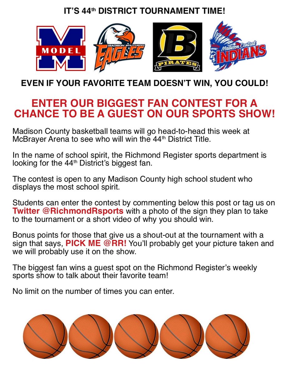 RichmondRsports's tweet photo. ATTENTION MADISON COUNTY HIGH SCHOOL STUDENTS!
Enter our fan contest for a chance to be a guest on our sports show!
Details on how to enter in the photos!
@madsouth_pep @AthleticsMshs @modelathletics @Barstool_MSHS @AthleticsMCHS @officialMCHSpep @bereacommunity https://t.co/qz6wIip1KN