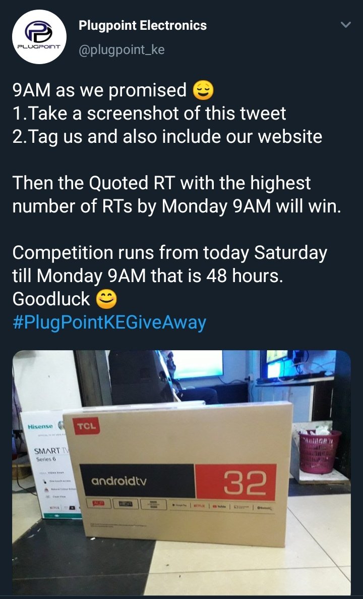 Better late than never. Nataka TV mehn 😭😭😭 kuonea TV kwa jirani is embarrassing <a href="/plugpoint_Ke/">Plugpoint Electronics</a> 
Plugpoint.co.ke