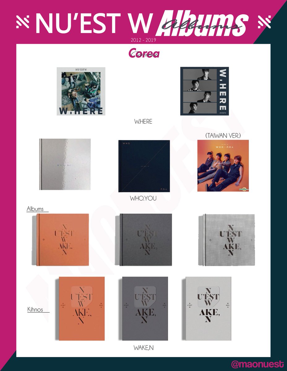 Maonuest's tweet photo. [Pls RT] 

Hi guys, I was searching For a long time a template of NU'EST Albums, but never can find it, so I decide to Make it myself, I Hope can enjoy it, this include #NUEST Albums from #Korea #Japan #Taiwan Share with your Friends♥️ Hope everybody Like it. 🐶🐢🐯🦊🐰 #뉴이스트 https://t.co/9FOldyKSKU