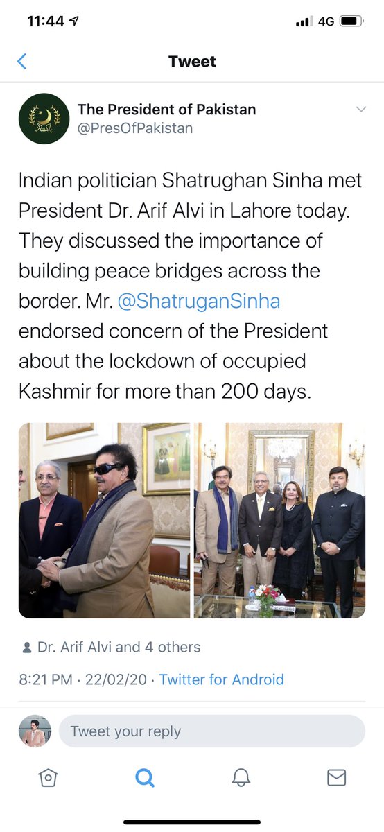 iyer_shreedhar's tweet photo. @ShatruganSinha So, what is this 👇 @ShatruganSinha
Pak Prez says you endorsed the concern of the Pak Prez on Kashmir #PakProxy https://t.co/uVpjqIga8N