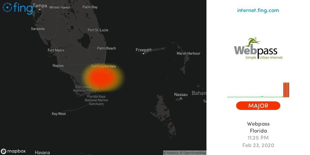 outagedetect's tweet photo. 🚧 Major Internet #outage ongoing: #Webpass in #Florida since 11:25 PM for one hour, impacting #MiamiBeach #Miami
🇺🇸 Live map and analysis
👉 https://t.co/FR5hJzK3HK
Retweet if still down for you as well
#Webpass #Webpassdown #Webpassoutage #nointernet #night https://t.co/TSmKCNp8ck