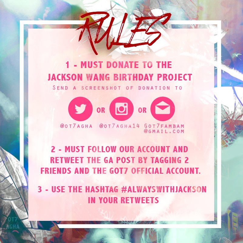 OT7Ahga's tweet photo. JACKSON'S BIRTHDAY PROJECT GA!
Donate $5 - $50 & win one (or more) of 31 PRIZE SETS-Team Wang RayBans, Jinyoung's Befriend bracelet & much more.
Info, rules and pics, visit https://t.co/qoAqwR1lOB
Rt & tag 2 friends using
the tags 👇🏽
@GOT7Official #GOT7 #AlwaysWithJackson https://t.co/2zmyfasSSf