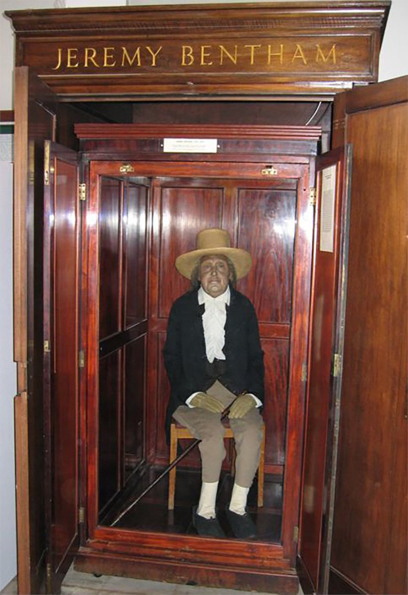 Bentham's will calls for his body to be placed in "an appropriate box or case". Here is the original box, familiar to many of us, in which Jeremy resided until a few days ago. I believe it was designed by Bentham's "dear friend Doctor Southwood Smith", mentioned in his will. 3/