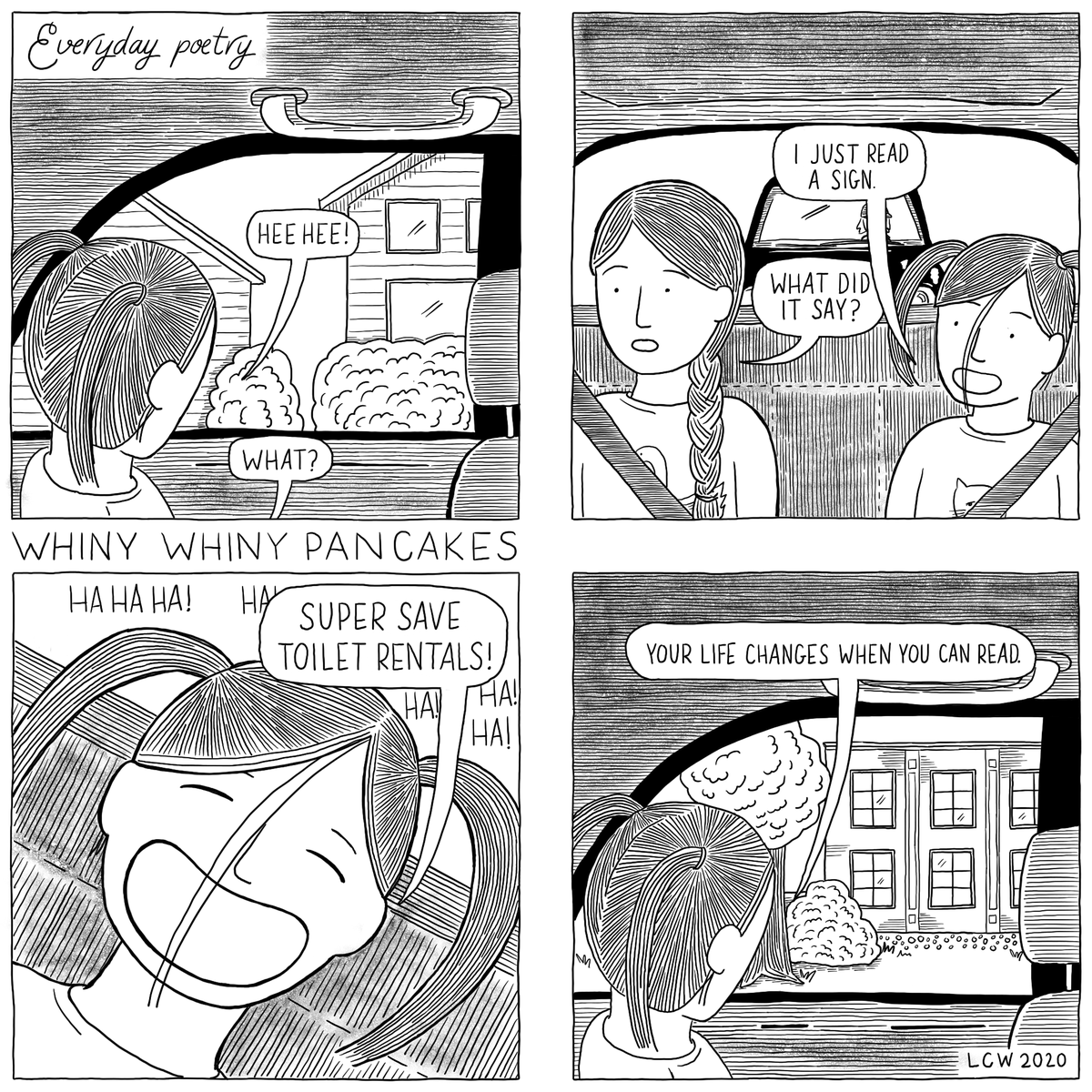 H is at that age where she can read signs. She reads every sign, and is delighted by everything!

#whinywhinypancakes #reading #secondgrade #parenting #kidlitart #webcomic #webcomicseries #literacy #supersave