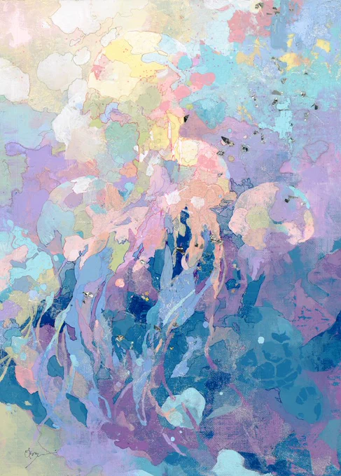 くらげ好きのお友達がおうちに飾る絵を依頼してくれました。
画像じゃわかりづらいけどキラキラするものたくさんくっつけてます✨
ありがたい～～～? 