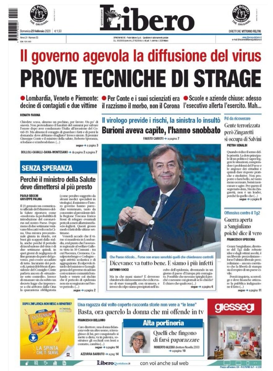 ilruttosovrano's tweet photo. Bisogna aumentare le precauzioni: tipo lavarsi le mani dopo aver toccato Libero.

#coronarvirusitalia
#23febbraio #coronavirus https://t.co/vz07P5lo7w