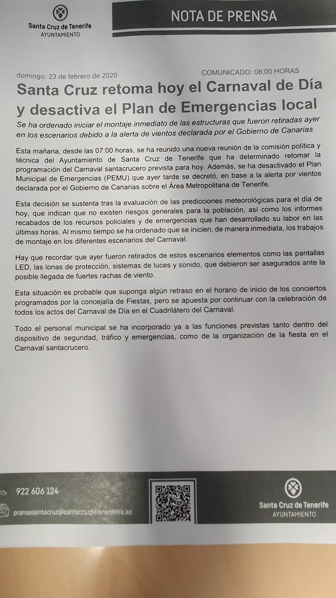 CECOPALSC's tweet image. Santa Cruz retoma hoy la programación del #CarnavalSC20 @SCenCarnaval y desactiva de la situación de alerta del Plan Municipal de Emergencias #PEMU @112canarias @PoliciaLocalSC @PatriciaHdezGut