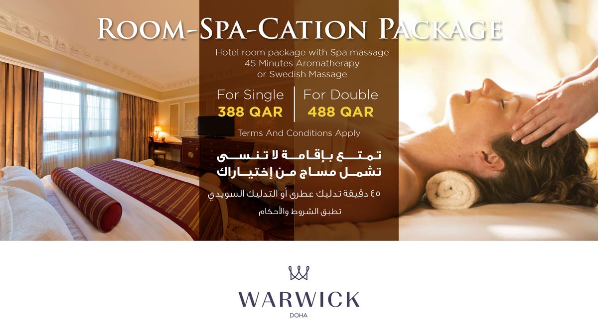 WarwickDoha's tweet photo. Stay & Relax in ONE package
Now you can enjoy your stay with Warwick Doha Hotel and Get 45 minutes massage session of your choice
Book NOW and Don’t Miss it!
Please call 44563312
#warwickhotels #warwickdoha #doha #reservations #staycation #spa #massage #pool #sauna #jacuzzi #room https://t.co/e4aMyLz9HB