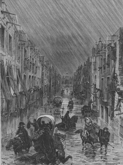Oriolans's tweet photo. La Riuada de Santa Teresa. Va tindre lloc el 15 d’octubre de 1879. Tota la Vega Baja va quedar destrossada. S’estima que la riuada va superar, a Oriola, els 2.000 m³/s. Uns 300 morts en la nostra ciutat.

En aquests gravats podeu vore com estava la ciutat. https://t.co/f6dtg7Bmmb