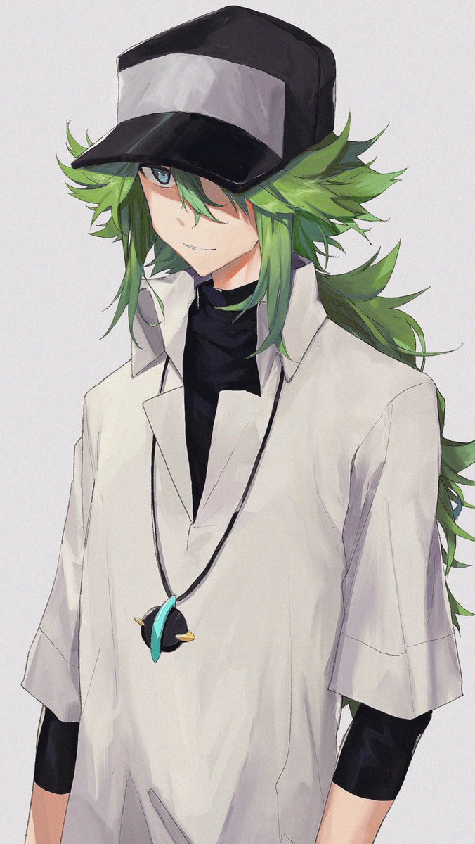 n (pokemon) 1boy male focus solo green hair hat long hair undershirt  illustration images
