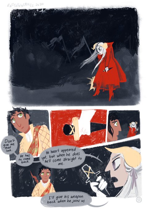 2 page comic starring Edelgard, Claude, and Dimitri from FE3H BUT using the plot and dialogue of the scene in Mo Dao Zu Shi where Jiang Cheng and Lan Wangji first encounter the Yiling Patriarch. 