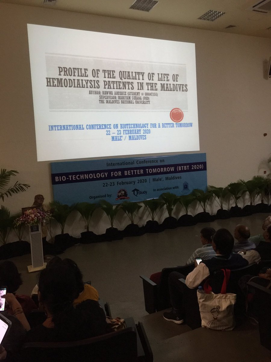 fhsmnu's tweet photo. Associate Professor Dr.Mariyam Suzana presented a research paper on  Quality of Life of of Hemodialysis patients in Maldives, during BTBT 2020. The research is Authored by our student Hawwa Arushee  for her undergraduate studies and supervised by Dr.Suzana. https://t.co/W8JY3LBSne