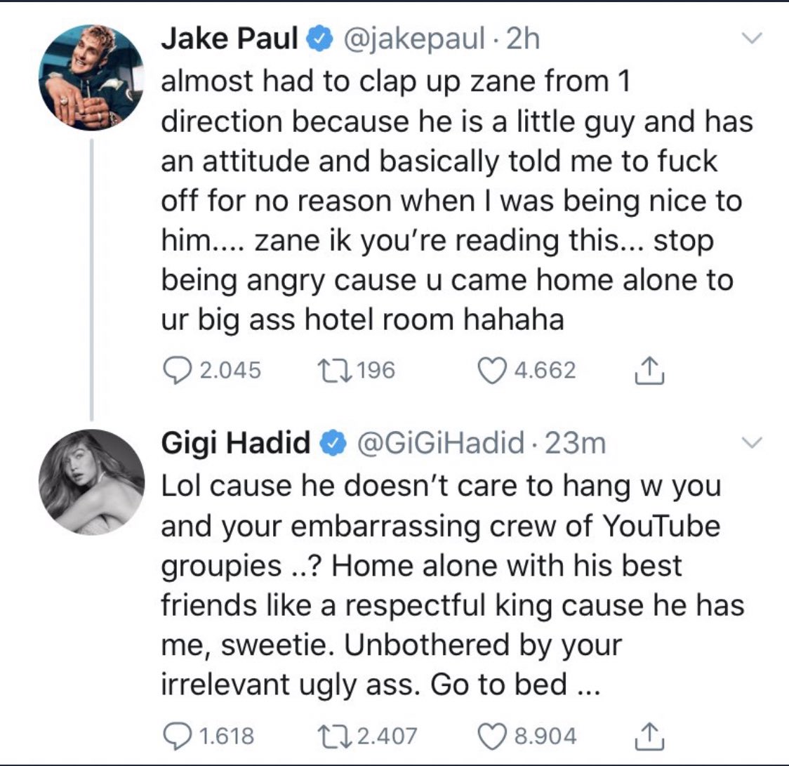 KevynLuke's tweet image. Gigi Hadid called Jake Paul an irrelevant ugly ass YouTube groupie!😭😭😭😭😭😭