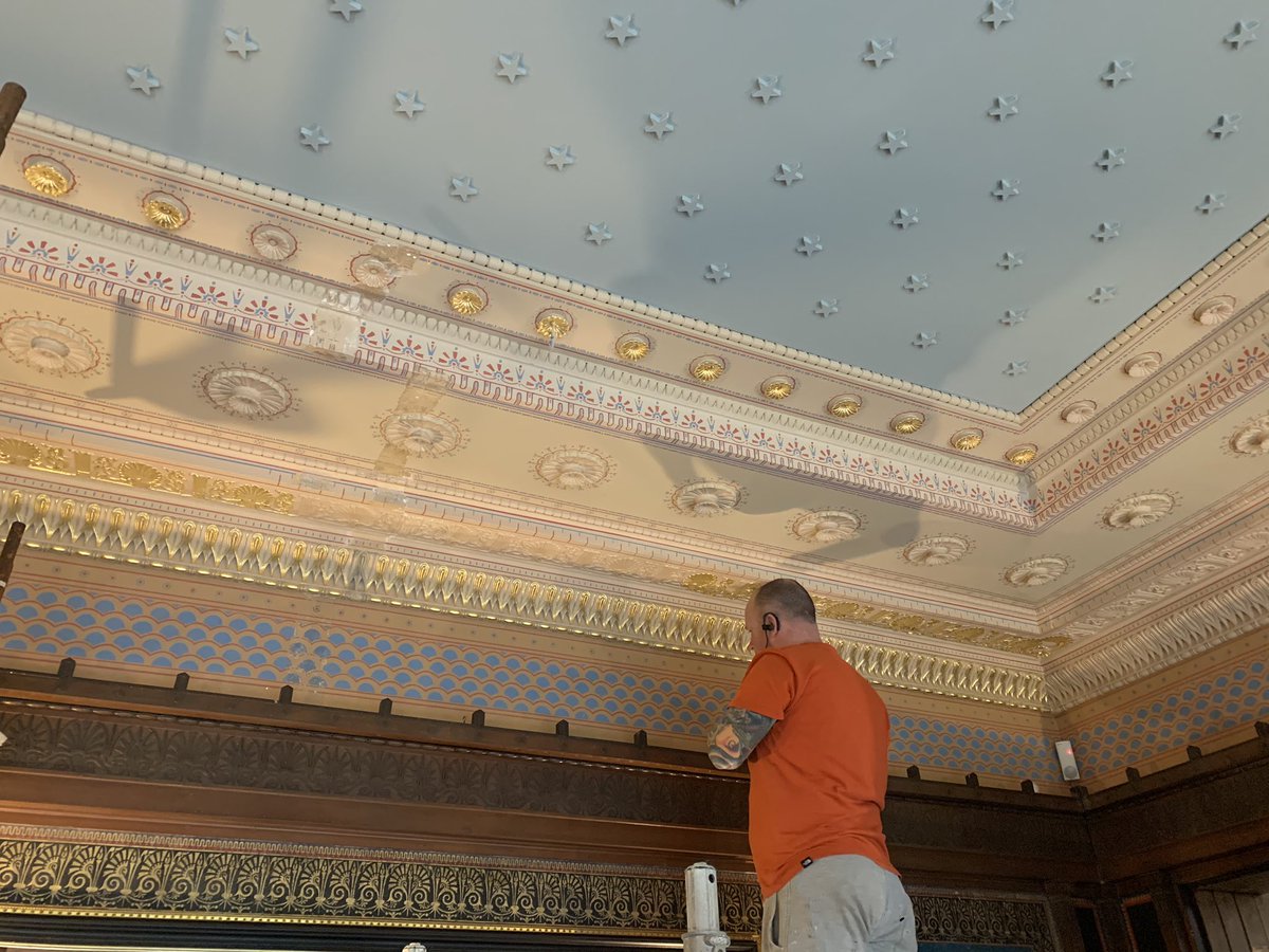 IanRHS's tweet photo. Sneak preview of the gilding that now compliments the painted designs on the cornicing at Holmwwod @HolmwoodGlasgow #glasgow #restration #gilding #history #greekthomson https://t.co/Thzu7zLhij