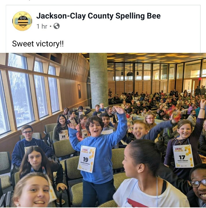 5th grader Ayman Hanson moves on in the semifinals of the Jackson-Clay County Spelling Bee. He will compete again March 7th. So proud of him!
