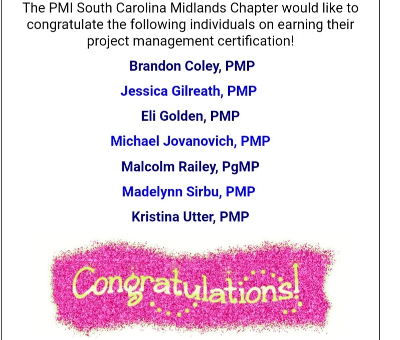 PMISCMidlands's tweet photo. Congratulations to newly certified Project Management Professionals #PMP #pmiscmidlands https://t.co/fpcbYl4kHO