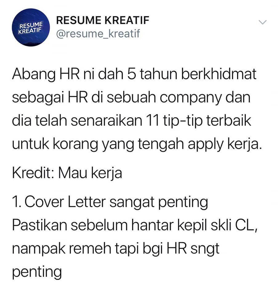 aaizatnizam's tweet photo. Abang HR ni dah 5 tahun berkhidmat sebagai HR di sebuah company dan dia telah senaraikan 11 tip-tip terbaik untuk korang yang tengah apply kerja.

Kredit: Mau kerja https://t.co/CrfLsXWxEh
