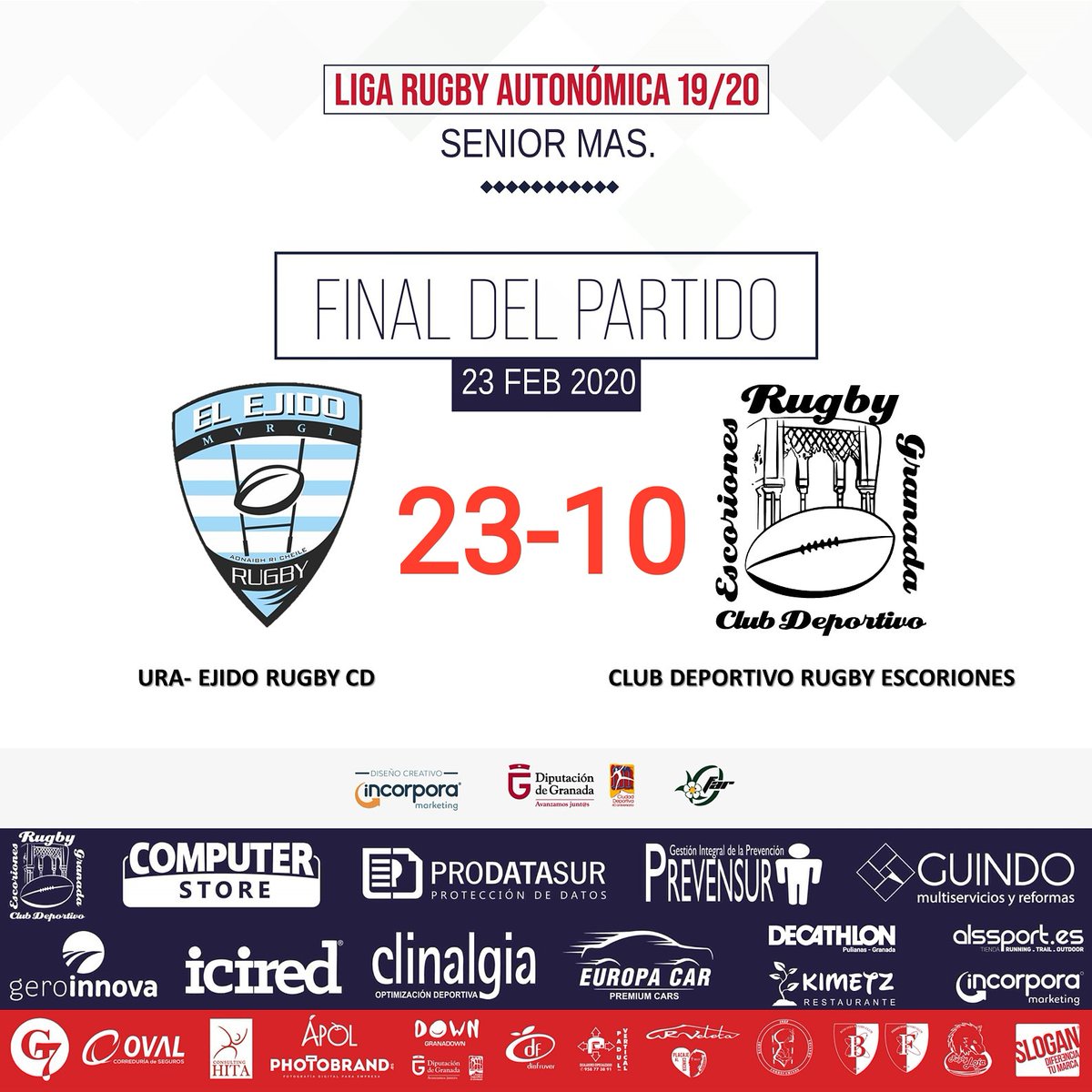 Buen partido con un excelente Ejido que salió decidido a disputar un gran partido en su campo. Justa victoria y entrega de escoriones para acabar la Fase regular. Estos partidos hacen afición y forman jugadores. Muchas gracias URA Ejido.🏉🏉🏉