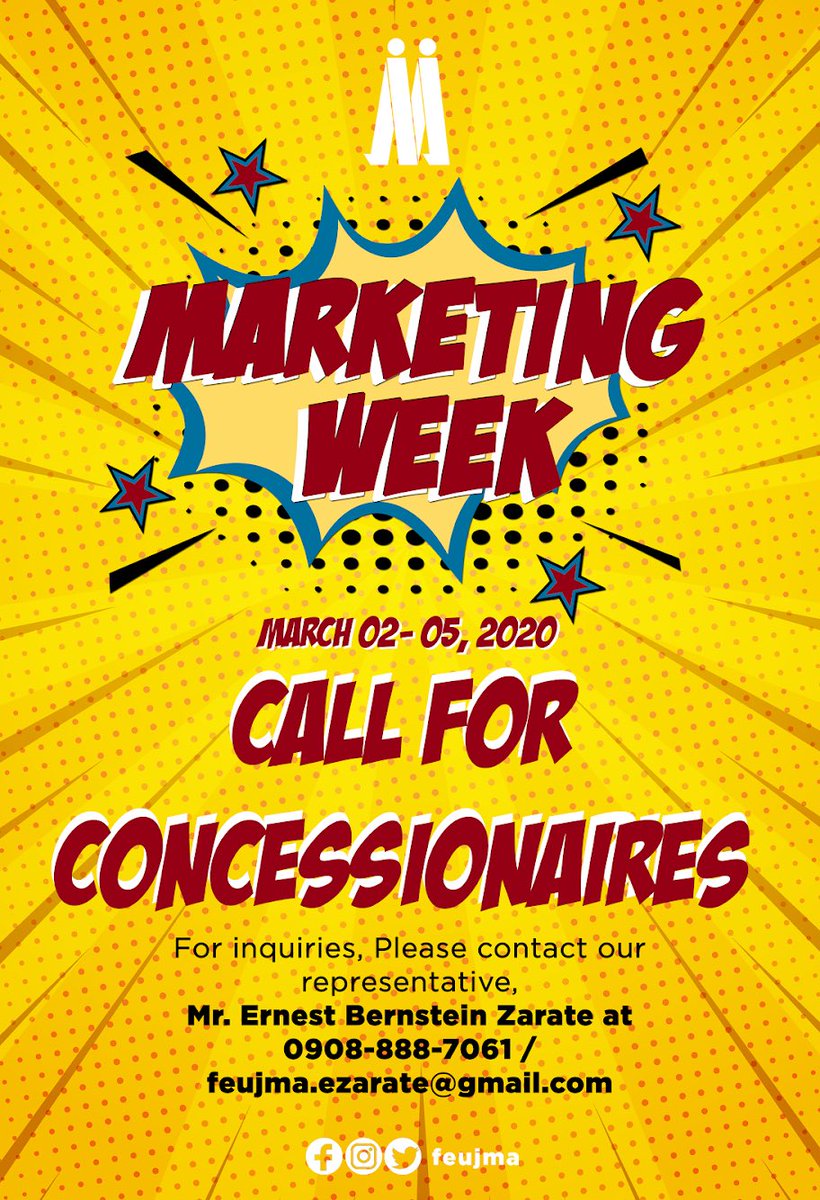 feujma's tweet photo. The FEU Junior Marketing Association is inviting Concessionaires interested to work and operate with us on MARKETING WEEK 2020 this March 02-05, 2020.
Kindly see the posters for more details.
#MARKETINGWEEK2020 #AllOutFEUJMA https://t.co/jmpMlXAoIc