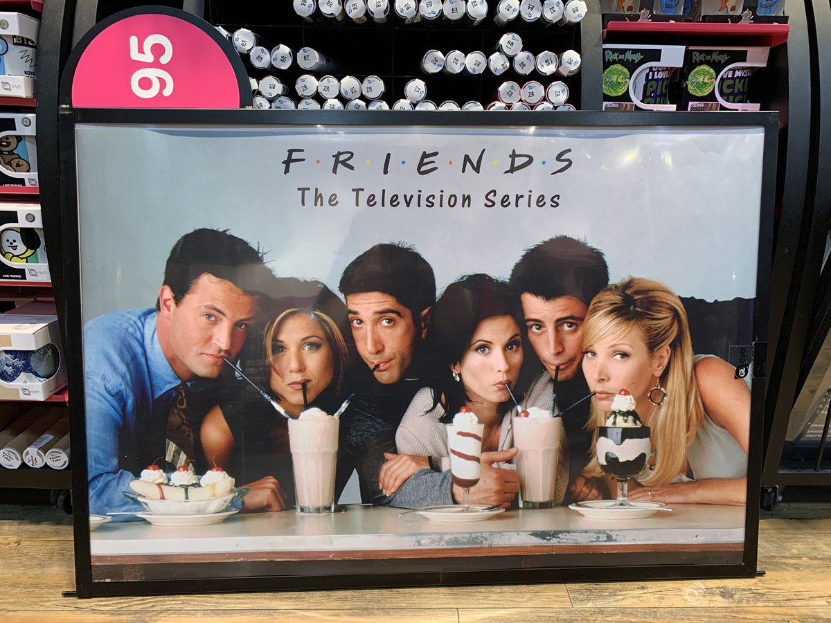 hmv_Southend's tweet photo. Good grief we feel old! 24 years ago in 1995, staff member Stuart had this @FriendsTV poster on his bedroom wall and staff member Jonathan had the #PulpFiction one up! Twitterverse, what posters did teenage YOU adorn your walls with? #Friends @HMVGB https://t.co/7bFoOwaKKq