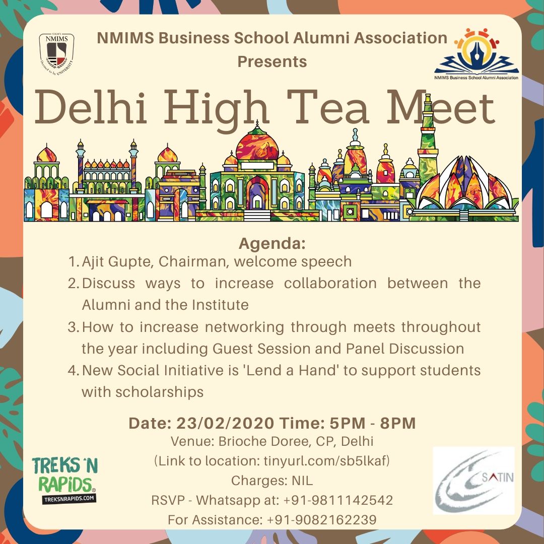 Hello All,

Alumni Relations Cell, NMIMS Mumbai is organising a small meet up today with High Tea and would like to cordially invite all of you. 

Date: 23 Feb 2020, Sunday
Time: 5pm - 8pm
Venue: Brioche Doree, CP, Delhi, tinyurl.com/sb5lkaf 
Charges: NIL