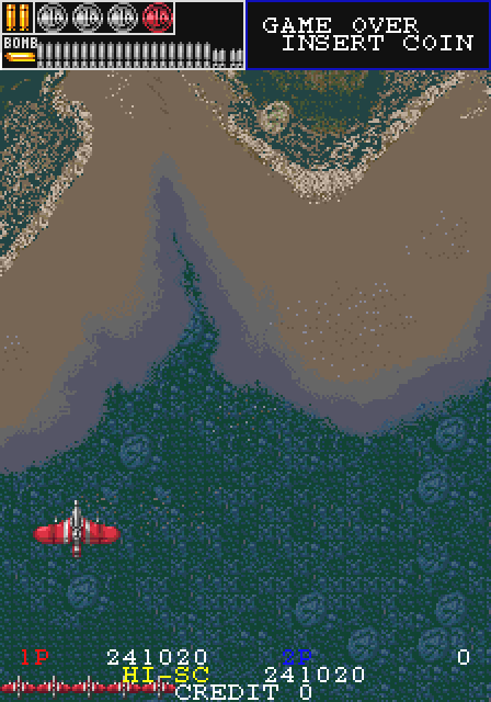 ガンフロンティア4面はマカロニ･ウエスタンな旋律で荒野へ。河口が濁るシーンから始まるが、これも単純なパレットチェンジというだけでなく、ゲームが終盤に入っていくプレイヤーの心象を投影した心理的効果があった様に思う。木材で組まれたダミー戦車は住人がワイルドリザードに抵抗した跡だろうか?