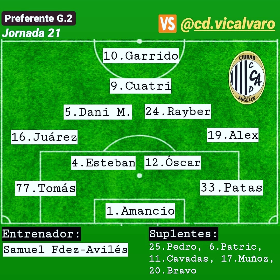 123Ciudad's tweet photo. 📝 ALINEACIÓN
Estos son los elegidos por @samuelfdezavile para comenzar el partido de hoy.
@CDVicalvaro 🆚 @123Ciudad
#PreferenteGrupo2
#Jornada21
#123Ciudad ⚫ ⚪ ⚫
#UnosColoresUnaManeraDeSer
Alineación patrocinada por:
💡 @Lujisa_SA
📟 #Powerclim
🍽️ #DondeLaLola https://t.co/byXcX56lL8