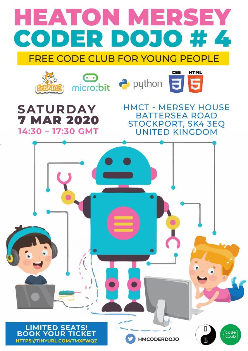 HMCoderDojo's tweet image. Few places still available for our next session, hurry up!!!
@CoderDojo
#coderdojo
@scratch
@microbit_edu #coding
#stockport #thingstodowithkids #manchester
@HeatonsPost