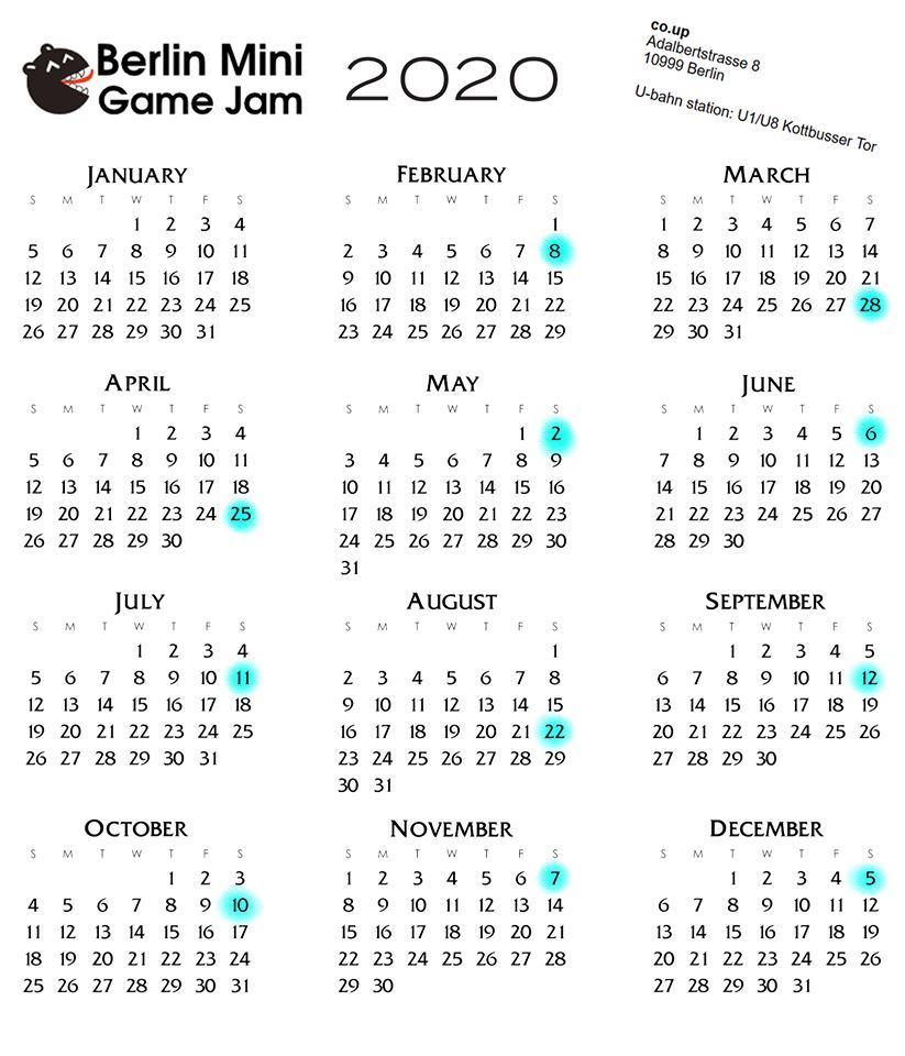 BerlinGamez's tweet photo. Here's the 2020 calendar for the @BerlinMiniJam — save the dates!

#BerlinMiniJam #gamejam #jam #Berlin #gamedev #indiedev https://t.co/mLqIrQivAW