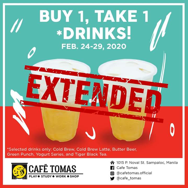 cafe_tomas's tweet photo. Dahil marami paring uhaw. Oops sorry not sorry. 🤭
EXTENDED ANG BUY 1 TAKE 1 DRINKS! 💯

Get 2 *drinks for the price of one. *Selected drinks are Cold Brew, Cold Brew Latte, Butterbeer, Green Punch, Yogurt Series, and Tiger Black Tea. https://t.co/uSJSut7iXB